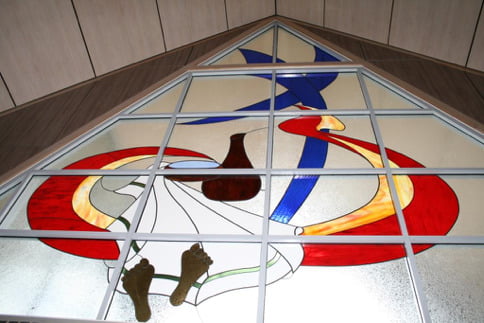 The Stained Glassed Window In The Church Foyer